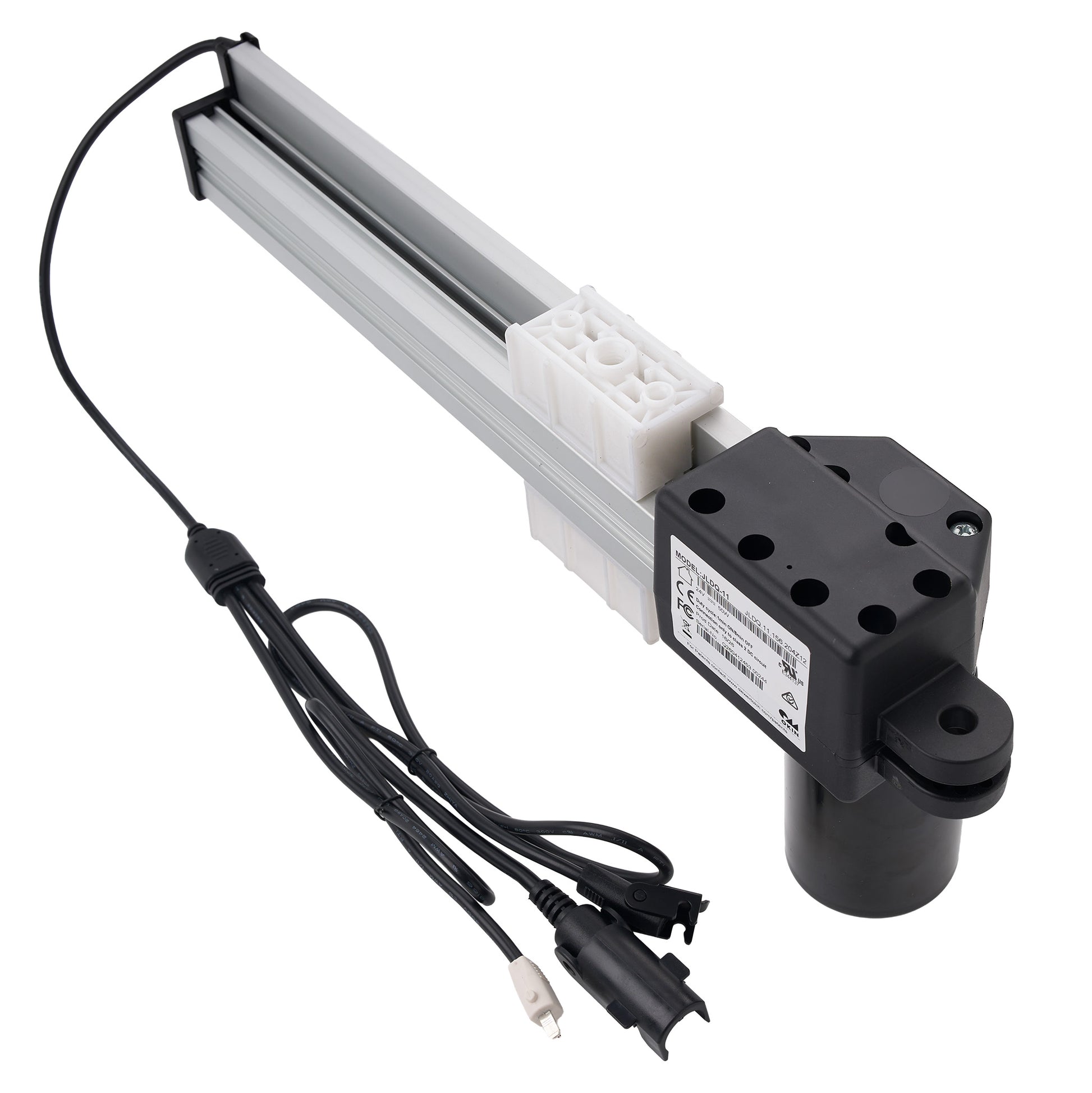 A linear motion slide assembly with a black motor housing, a silver aluminum rail, white plastic end blocks, and attached black control cables on a white background.