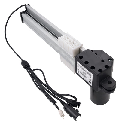 A linear motion slide assembly with a black motor housing, a silver aluminum rail, white plastic end blocks, and attached black control cables on a white background.