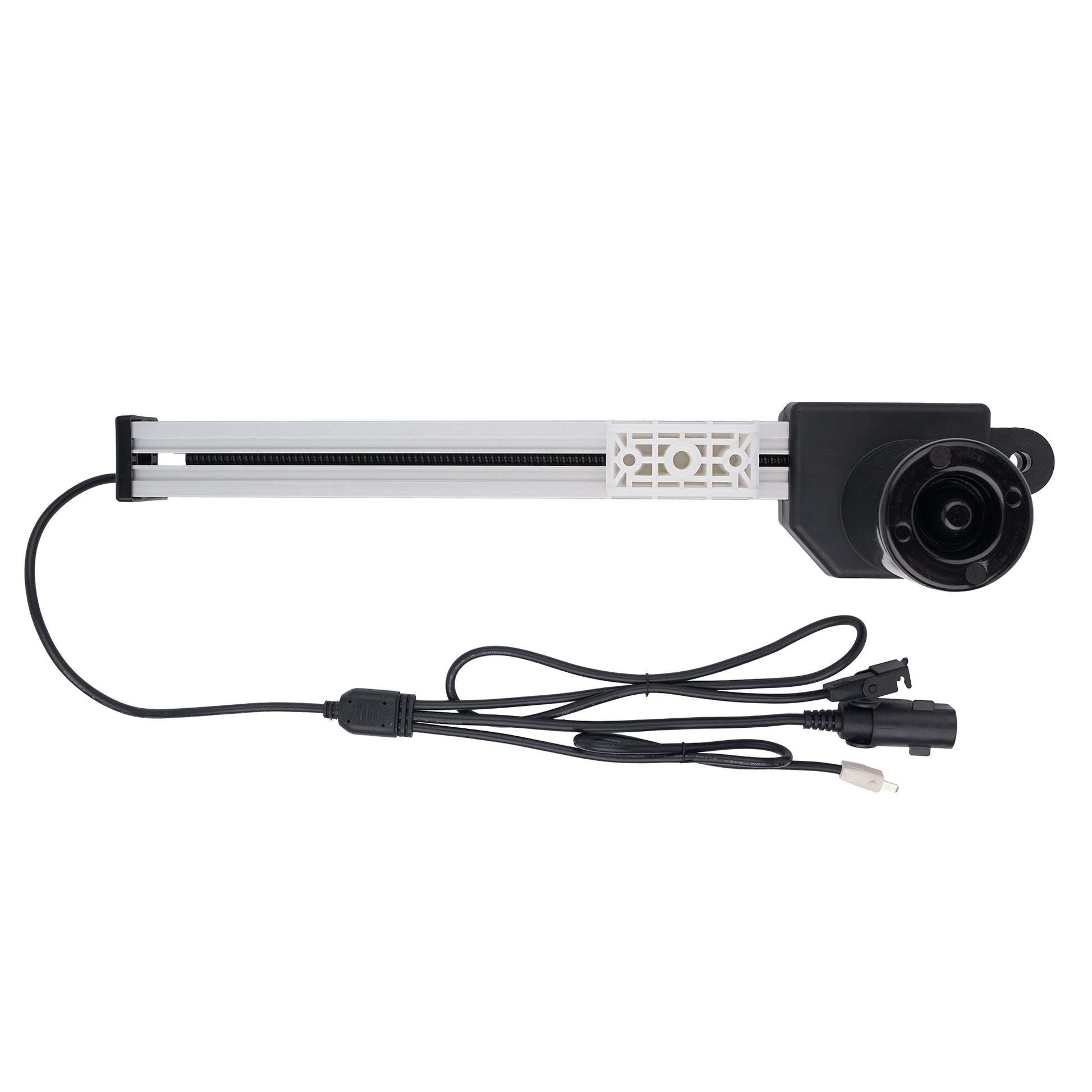 A linear motion slider assembly with a black and silver aluminum rail, a black motor housing, and attached black cables on a plain white background.
