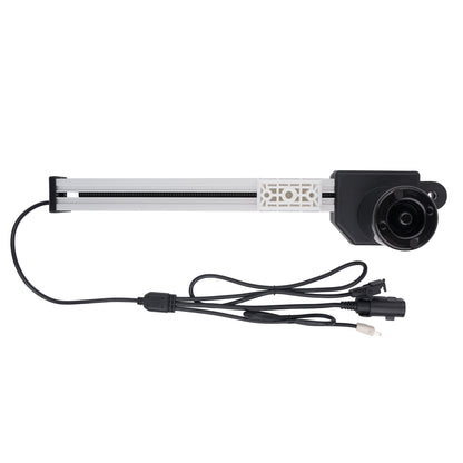 A linear motion slider assembly with a black and silver aluminum rail, a black motor housing, and attached black cables on a plain white background.