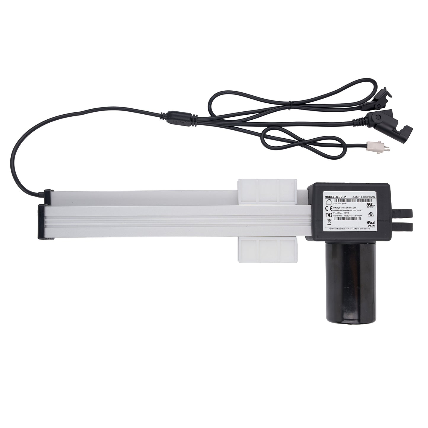 A linear slide motor with a long silver aluminum rail, a black motor housing, and a black power cord with multiple connectors, shown against a plain white background.
