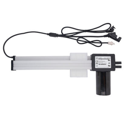 A linear slide motor with a long silver aluminum rail, a black motor housing, and a black power cord with multiple connectors, shown against a plain white background.