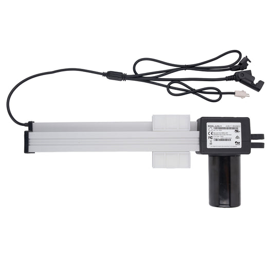 A linear slide motor with a long silver aluminum rail, a black motor housing, and a black power cord with multiple connectors, shown against a plain white background.