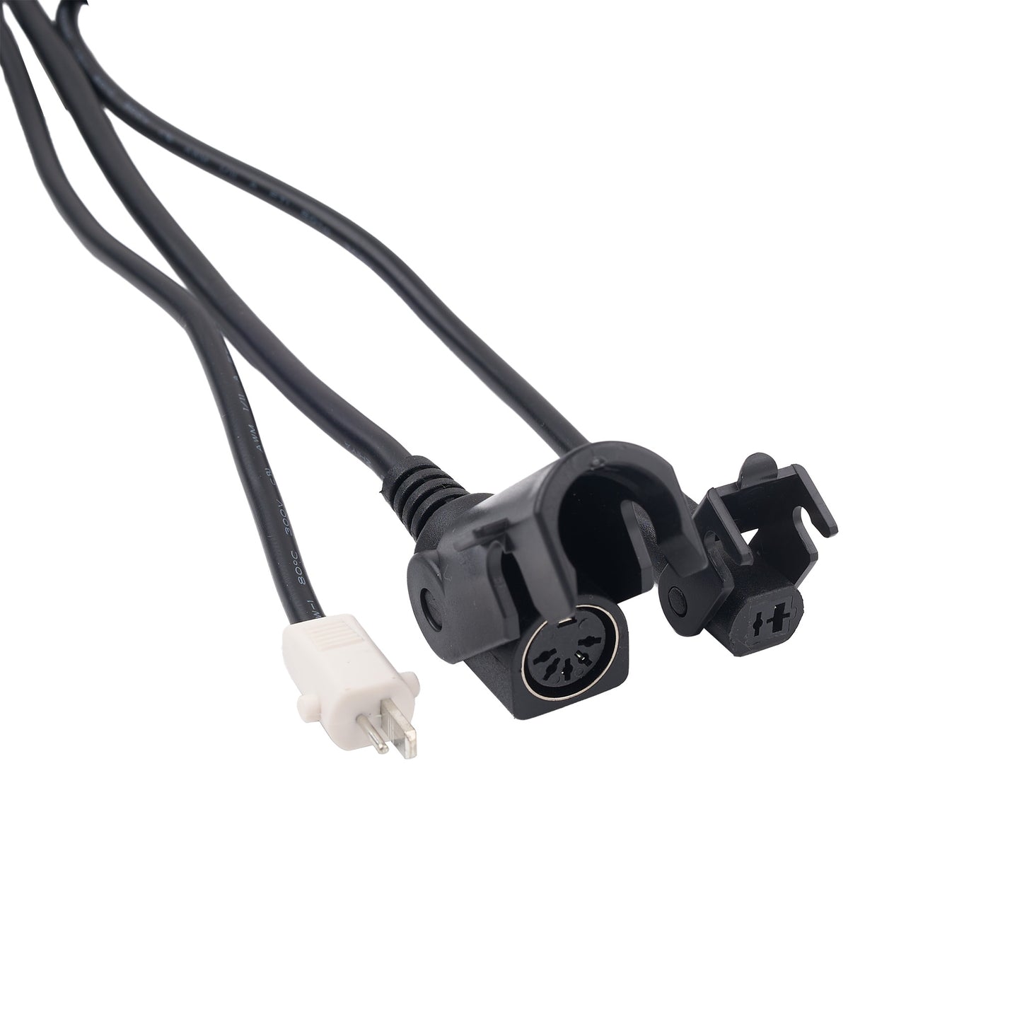 Black electrical power cable with a molded plug connector, a multi-pin circular port, and a clip-on terminal, shown on a white background.