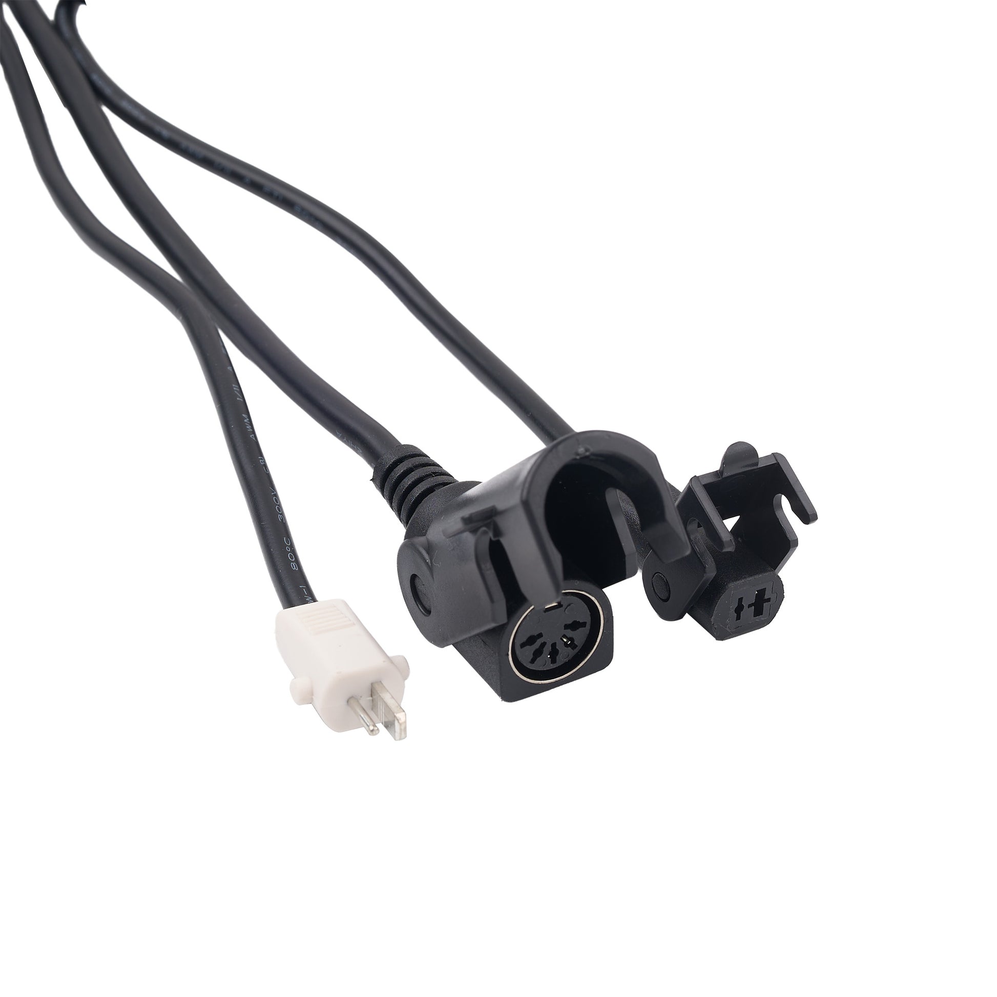 Black electrical power cable with a molded plug connector, a multi-pin circular port, and a clip-on terminal, shown on a white background.