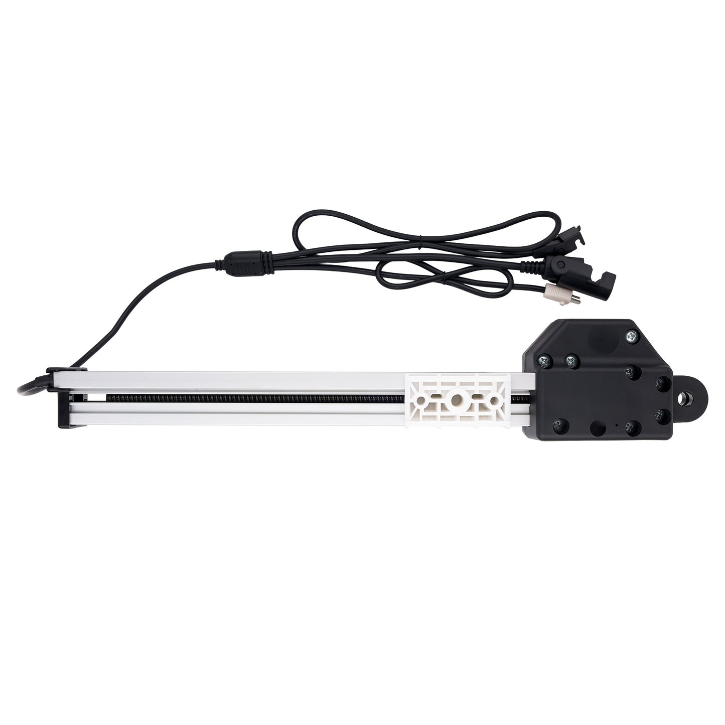 A linear electric slide rail assembly with a black motor and bracket, a silver aluminum rail, and a black power cable, shown against a plain white background.