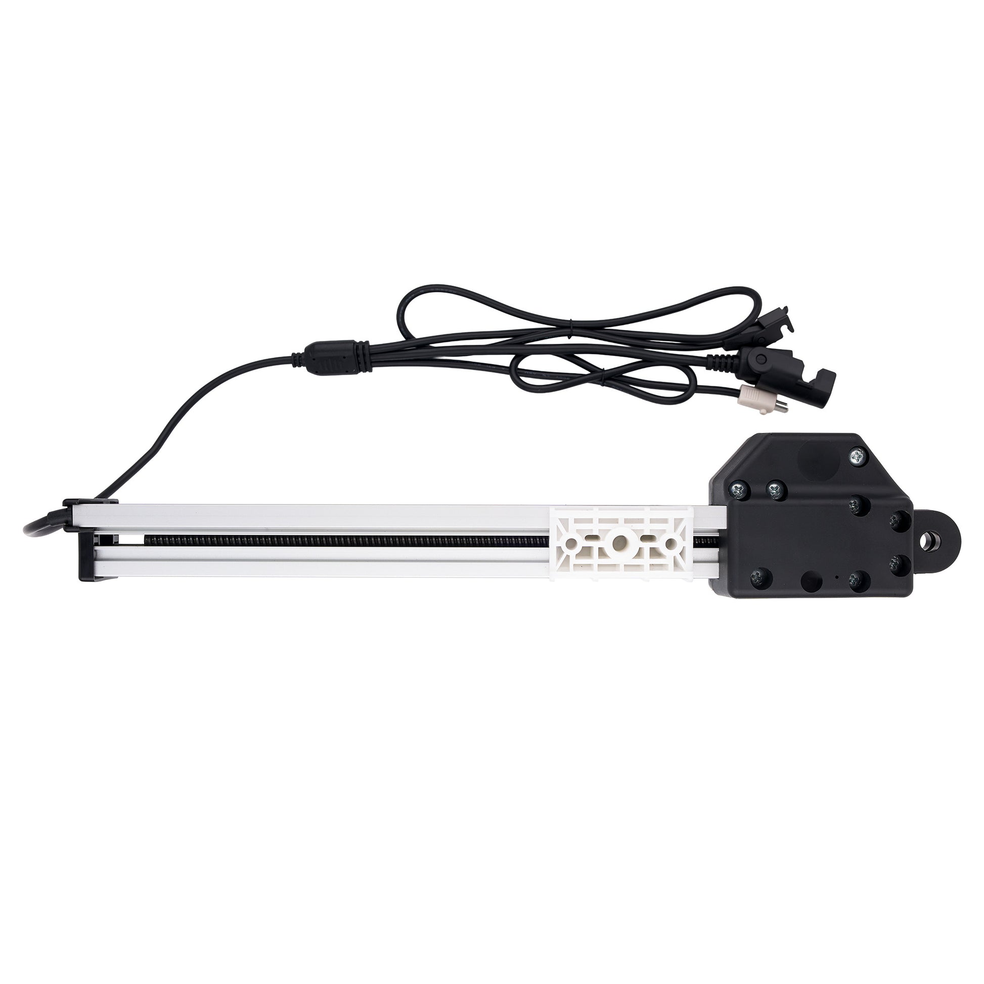 A linear electric slide rail assembly with a black motor and bracket, a silver aluminum rail, and a black power cable, shown against a plain white background.