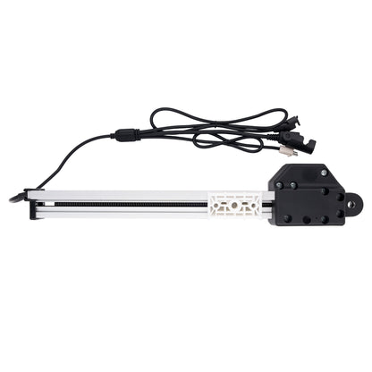 A linear electric slide rail assembly with a black motor and bracket, a silver aluminum rail, and a black power cable, shown against a plain white background.