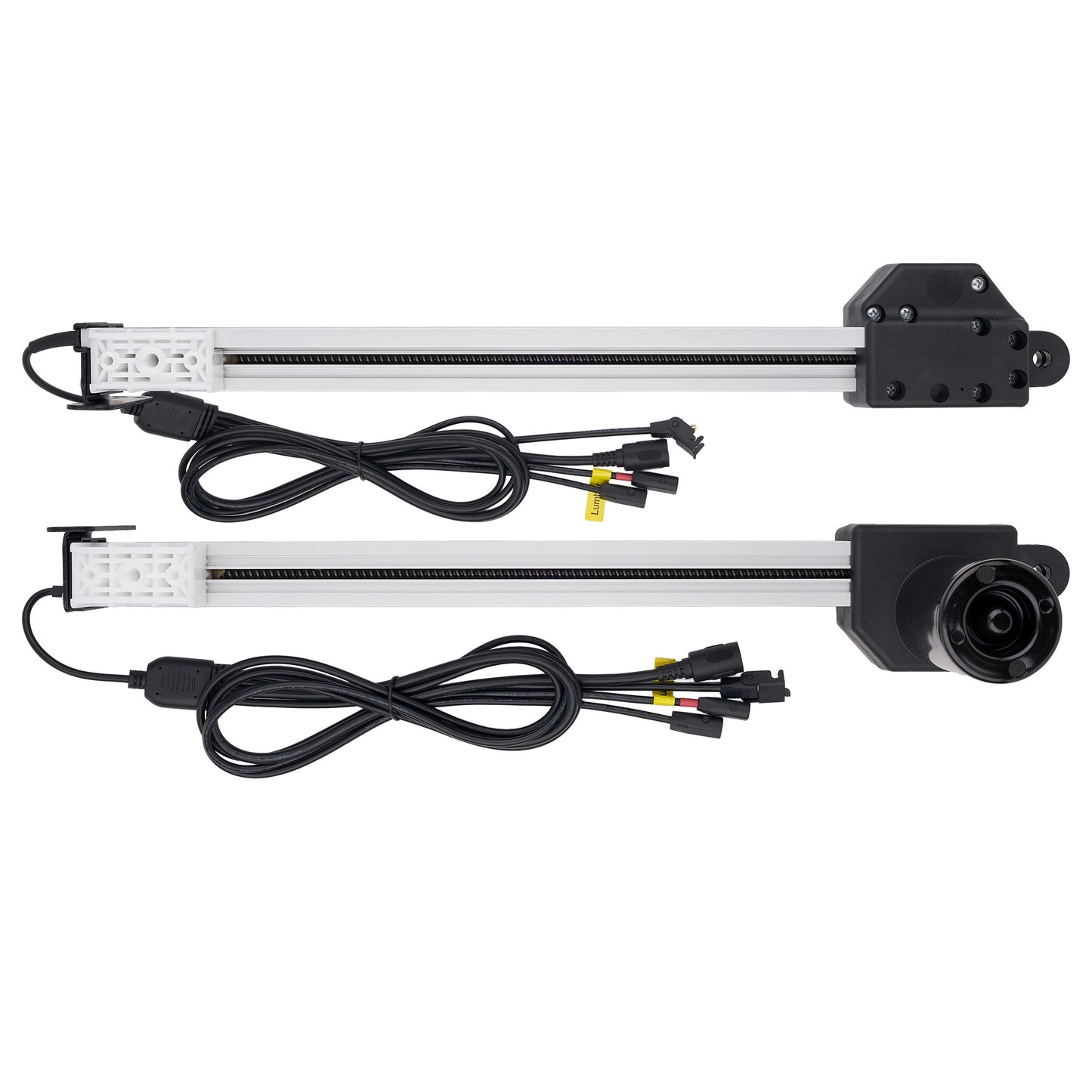 Two linear motion guide rails with black motors and attached cables, displayed on a clean white background.