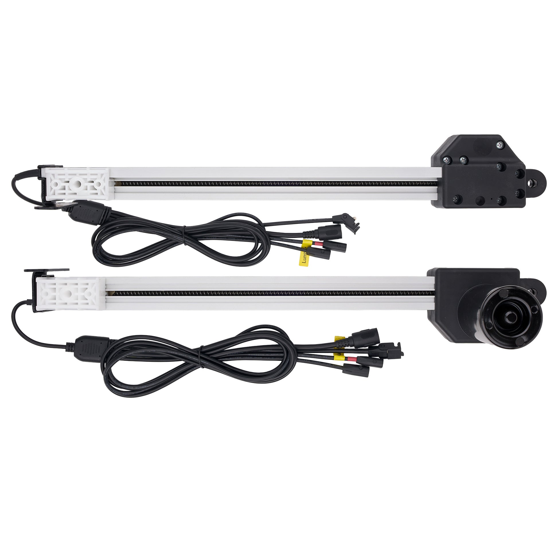 Two linear motion guide rails with black motors and attached cables, displayed on a clean white background.