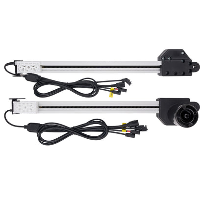 Two linear motion guide rails with black motors and attached cables, displayed on a clean white background.