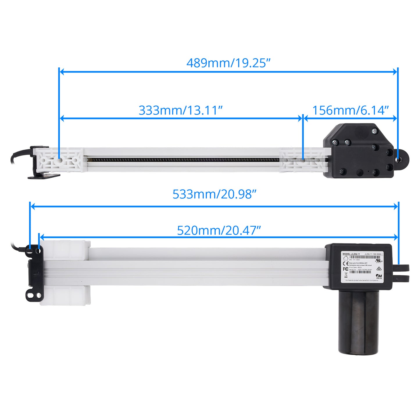 A technical dimension diagram of a linear actuator and rail assembly, showing two views with blue measurement lines and labels for width, length, and offset on a white background.