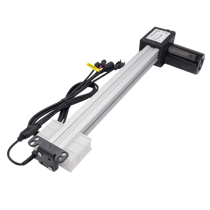 A linear slide rail assembly with a silver aluminum rail, black end caps, a black mounting bracket, and attached black power cables with connectors, shown on a plain white background.