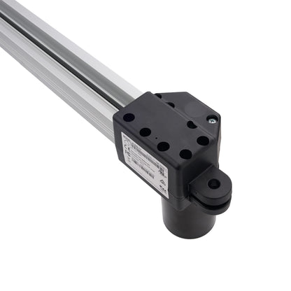 A close-up of a linear slide rail assembly with a black end block and a silver aluminum rail, shown on a plain white background.