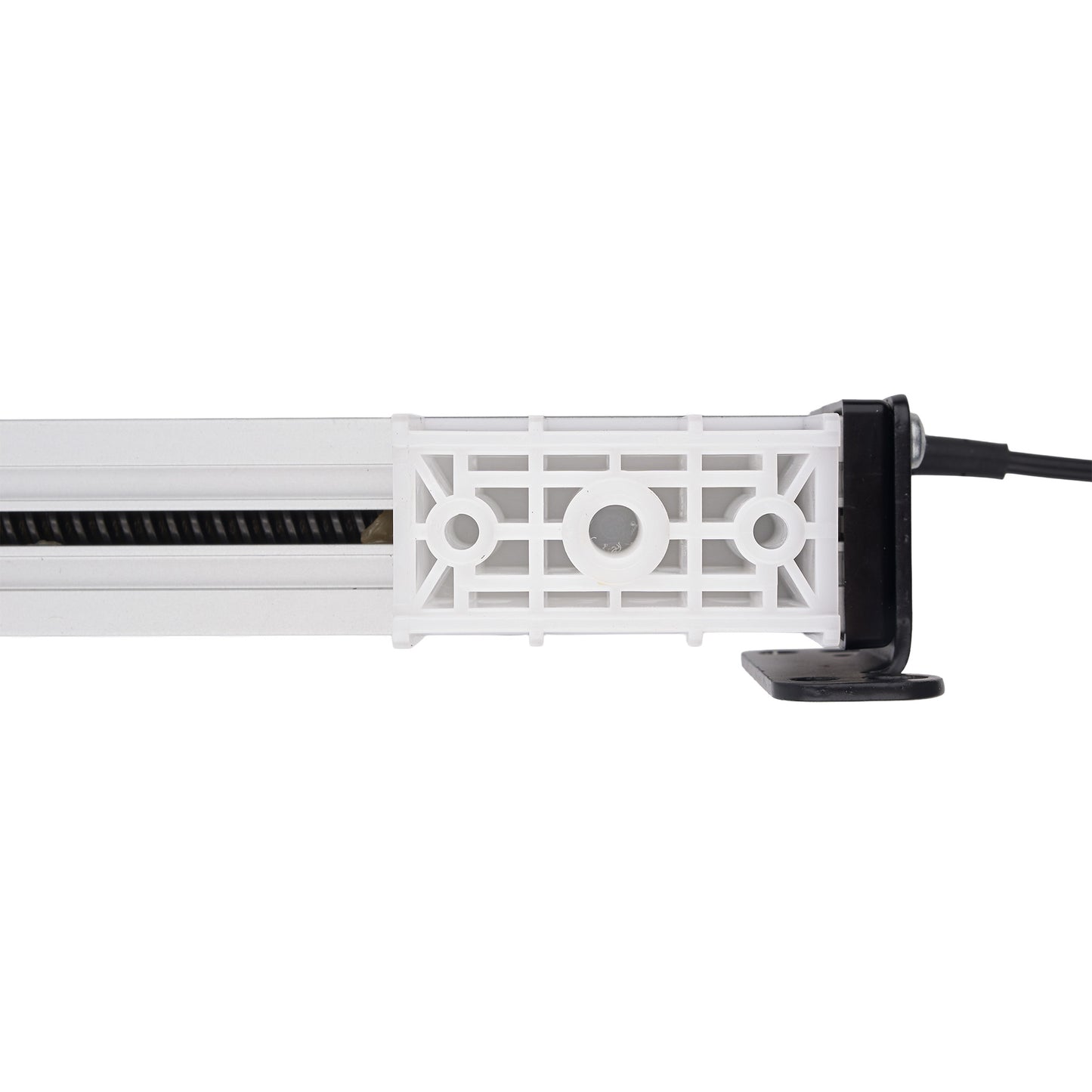 A close-up side view of a white plastic linear light fixture with a black power cord connected to a black terminal, shown against a plain white background.