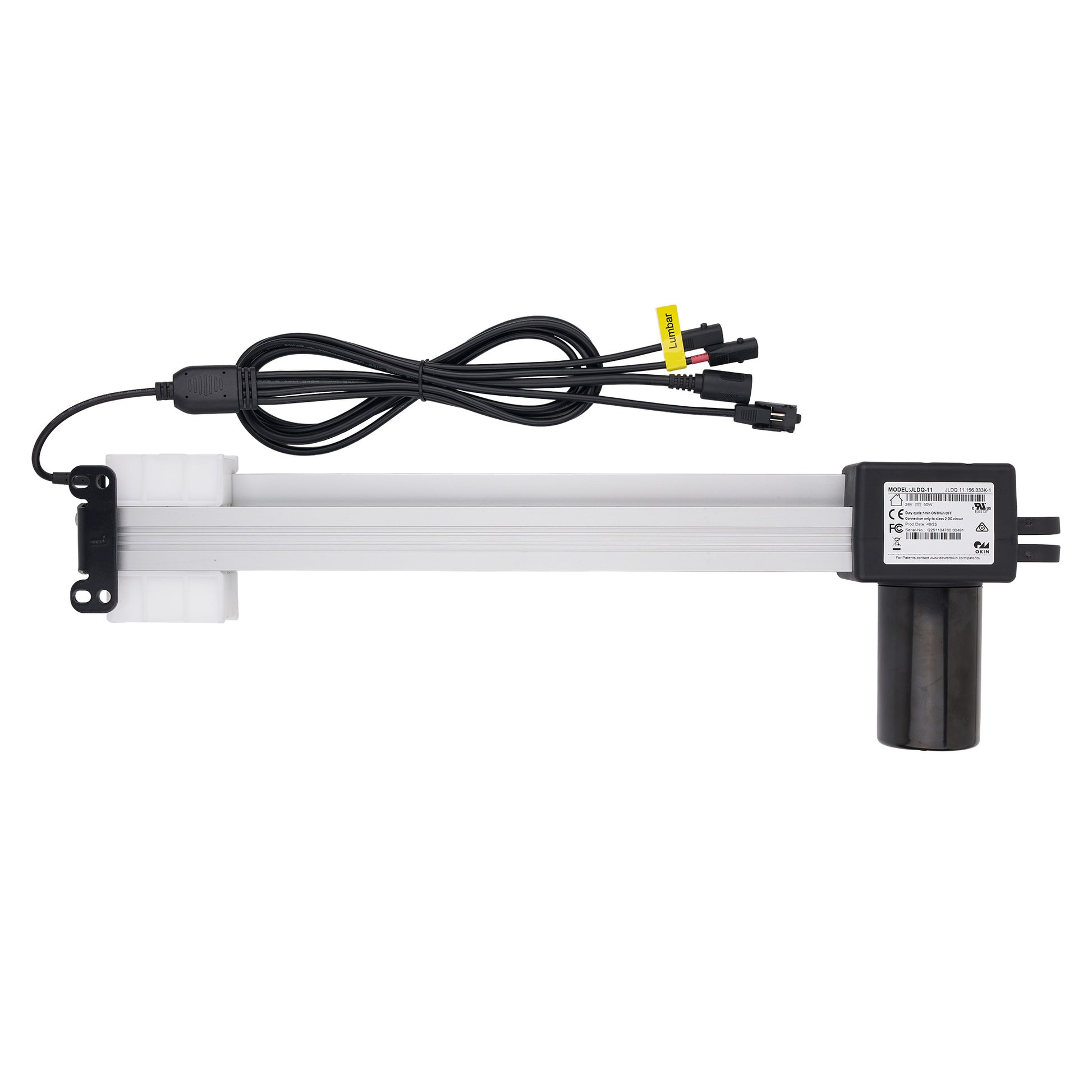 A linear electric actuator with a long white rod, a black motor housing, a black mounting bracket, and a coiled black power cable with connector plugs, shown against a plain white background.