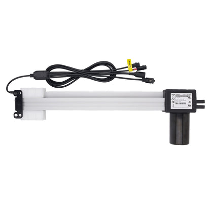 A linear electric actuator with a long white rod, a black motor housing, a black mounting bracket, and a coiled black power cable with connector plugs, shown against a plain white background.