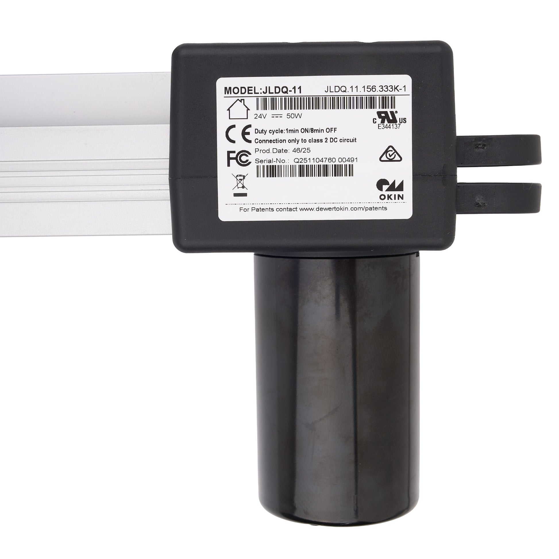 A close-up of a black electrical component with a white label showing model JLDQ-11 and technical details, mounted on a cylindrical base with two black straps extending to the right, against a white background.