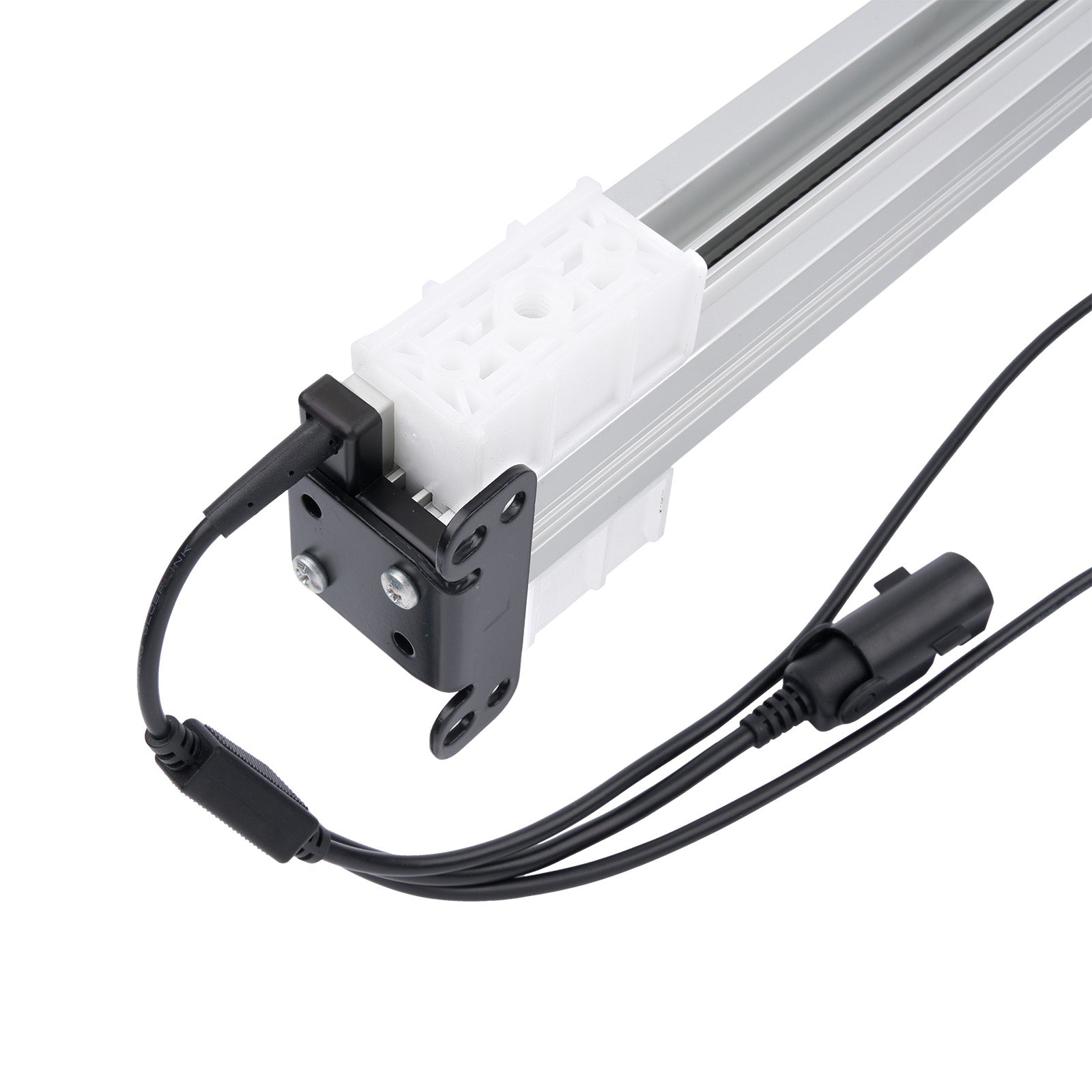 LED light bar with black connectors and wiring on a white background