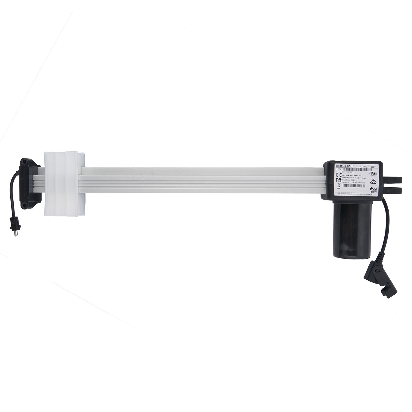 OKIN JLDQ.12.157.333F Linear Actuator, showing a silver rod, black and white housing unit with cables, and electrical plugs.