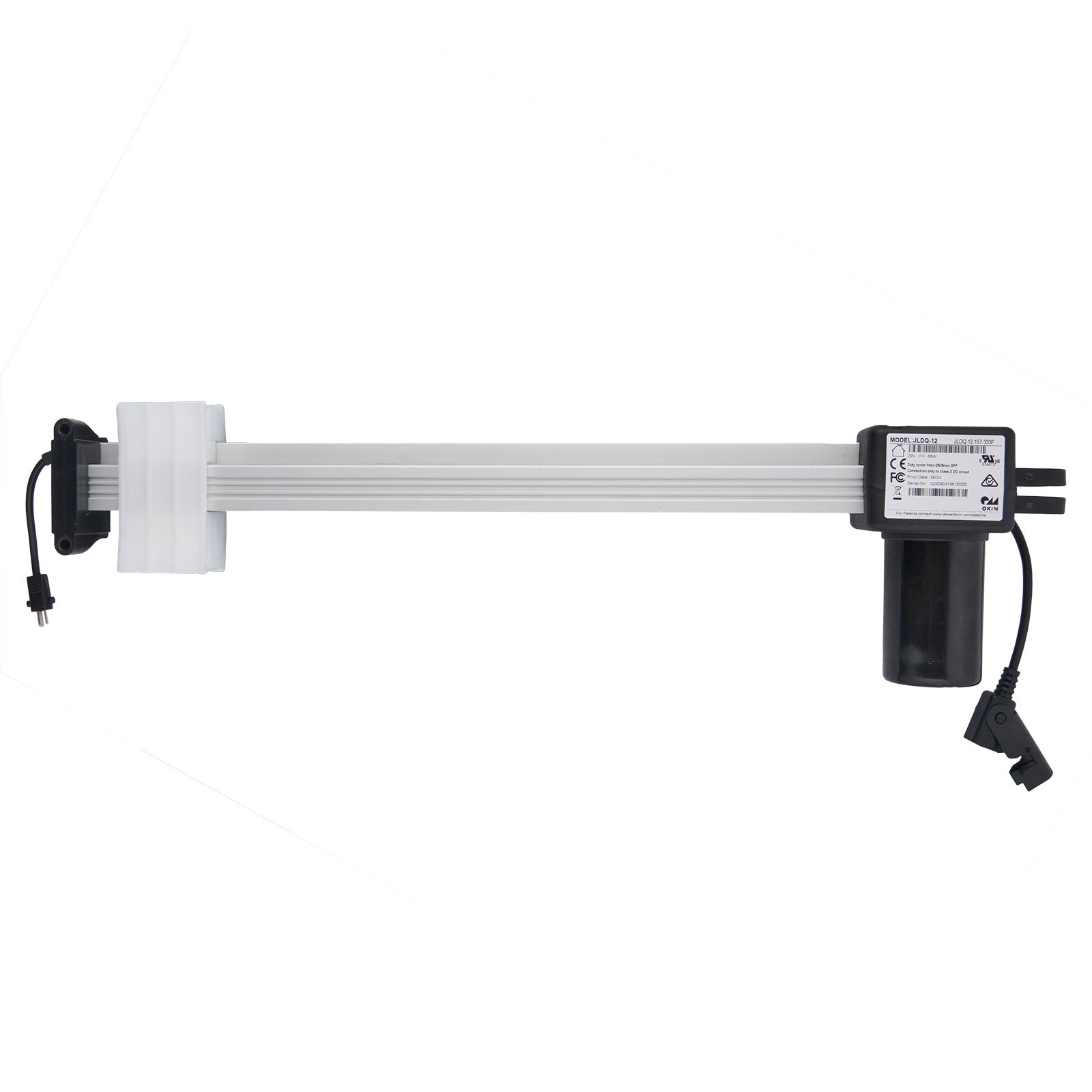 OKIN JLDQ.12.157.333F Linear Actuator, showing a silver rod, black and white housing unit with cables, and electrical plugs.