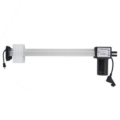 OKIN JLDQ.12.157.333F Linear Actuator, showing a silver rod, black and white housing unit with cables, and electrical plugs.