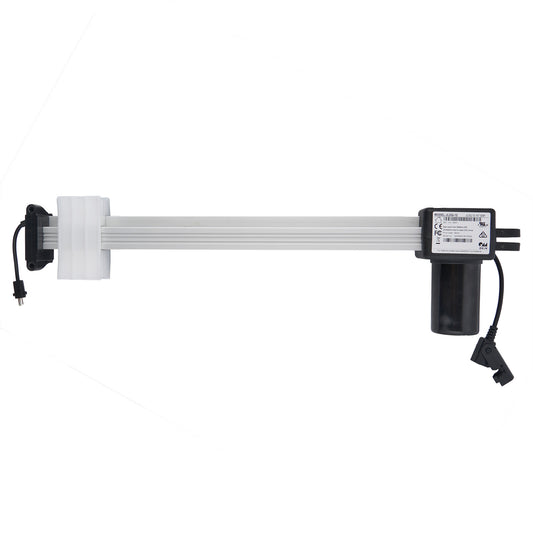 OKIN JLDQ.12.157.333F Linear Actuator, showing a silver rod, black and white housing unit with cables, and electrical plugs.