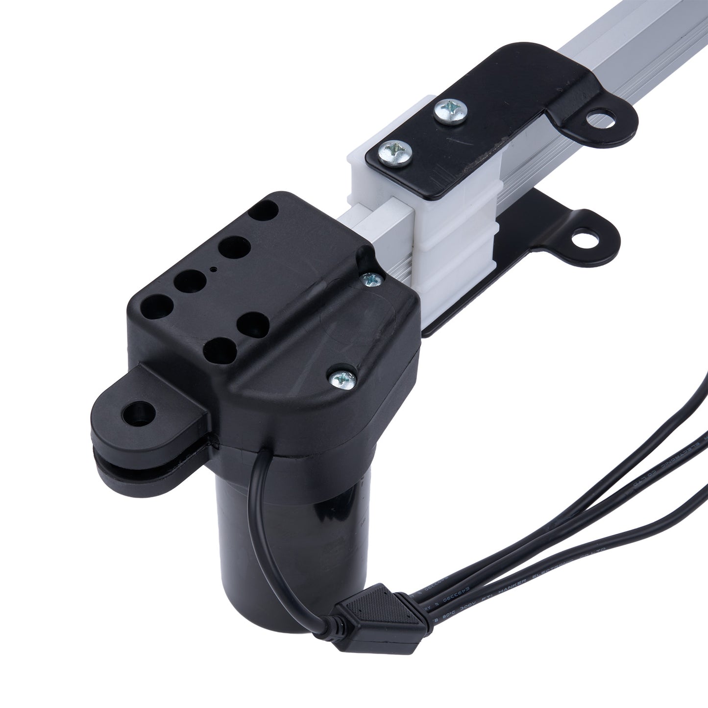 Mechanical arm with black and white components on a white background