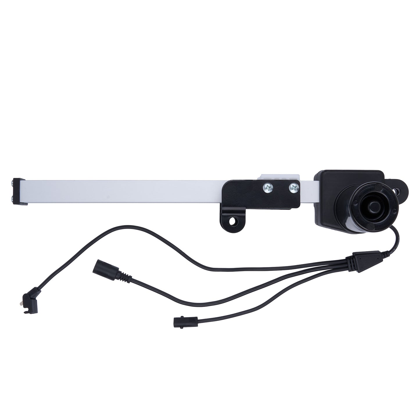 Mechanical component with a white bar and black connectors on a white background