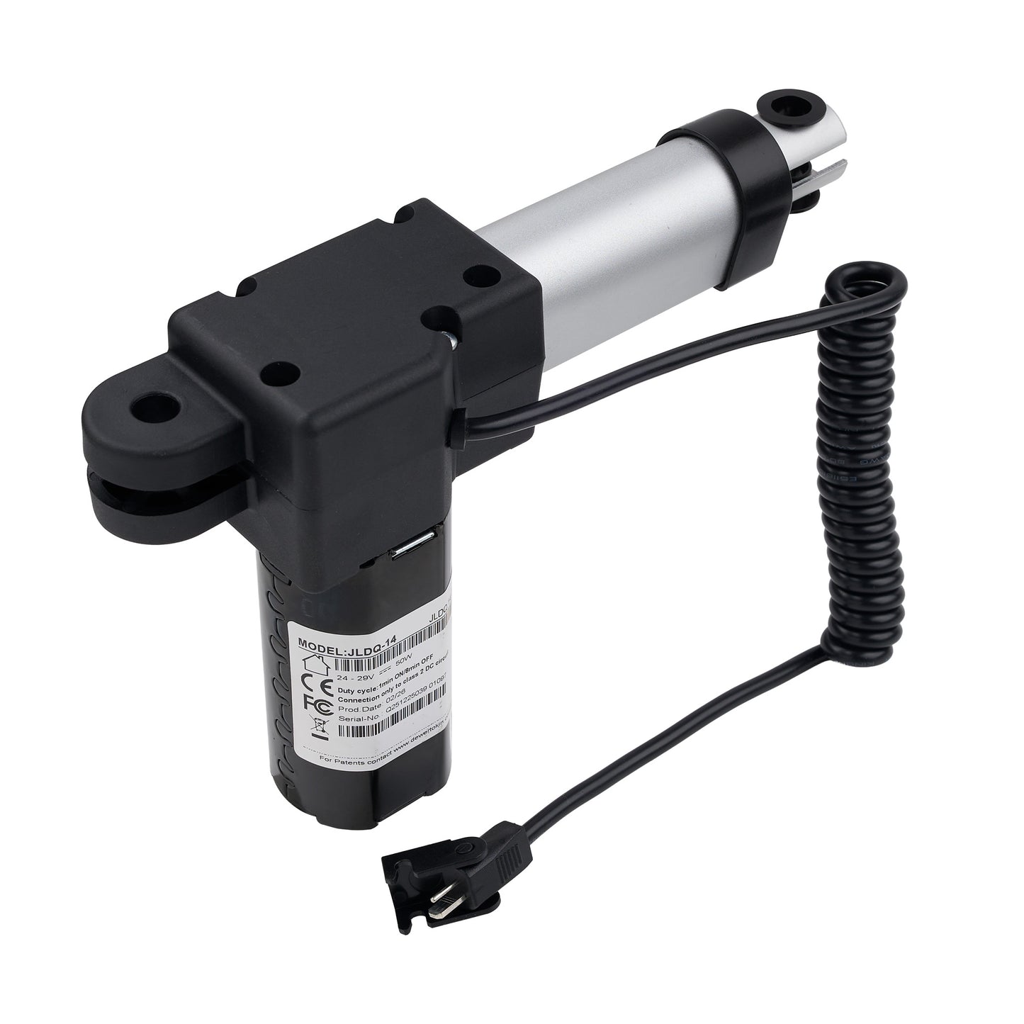 Electric actuator with black housing and coiled cable on a white background
