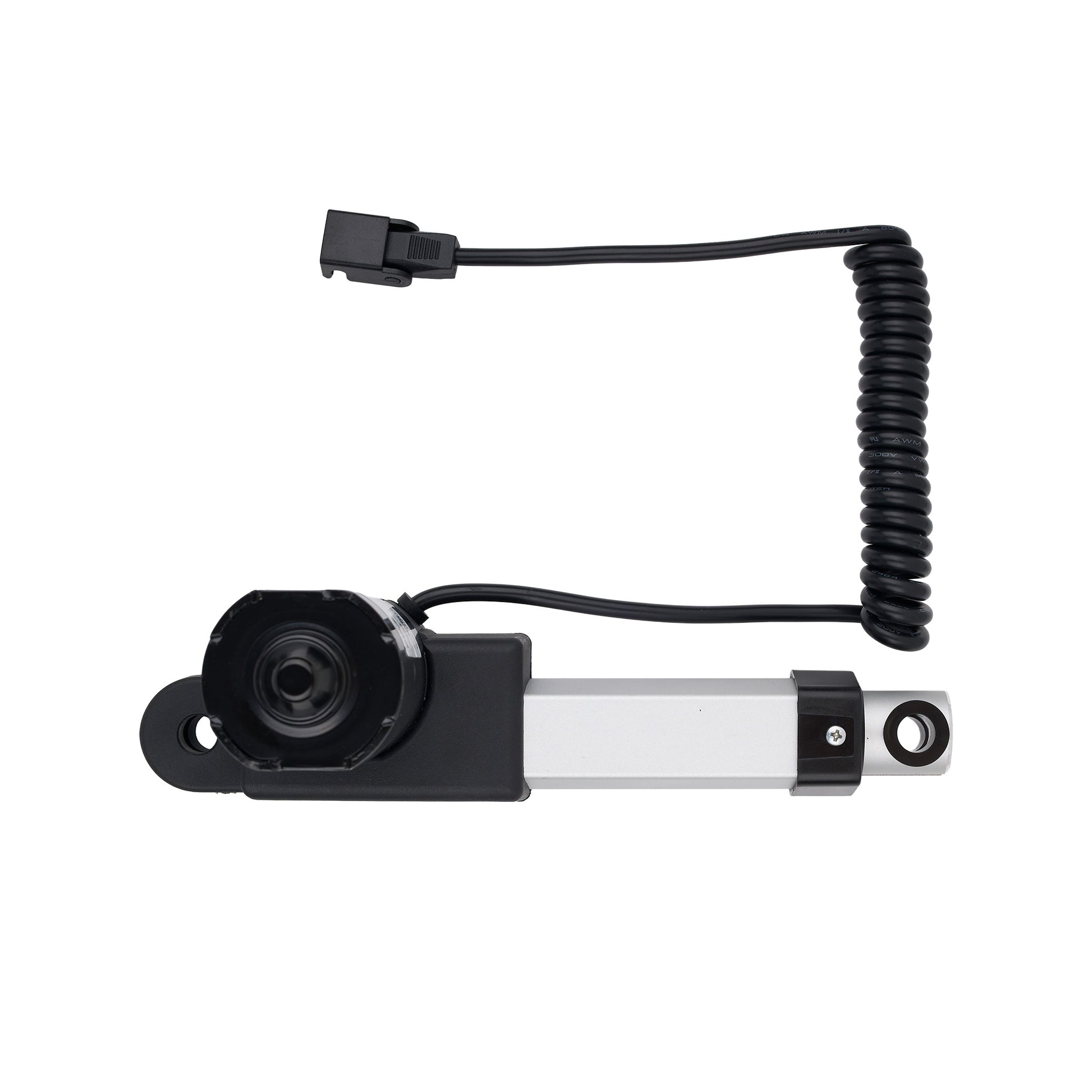 Mechanical actuator with coiled cable on a white background
