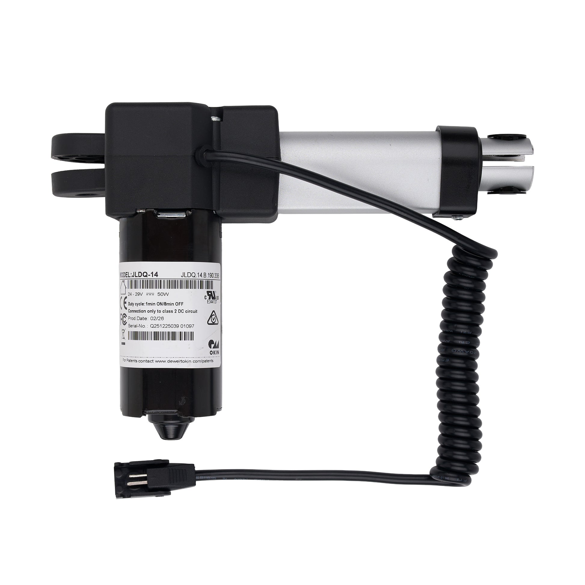 Black and white electronic device with coiled cable on a white background