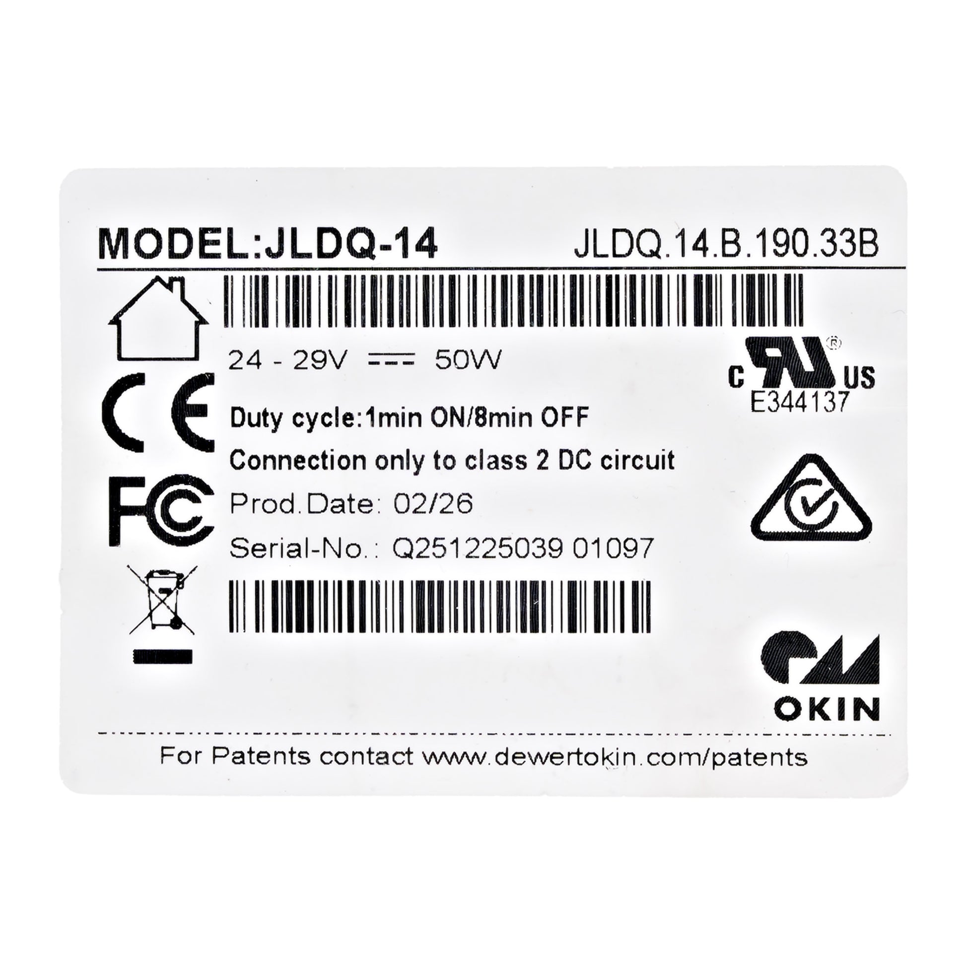Product label with technical specifications and branding on a white background