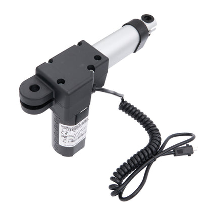 Black and white actuator with coiled cable on a white background