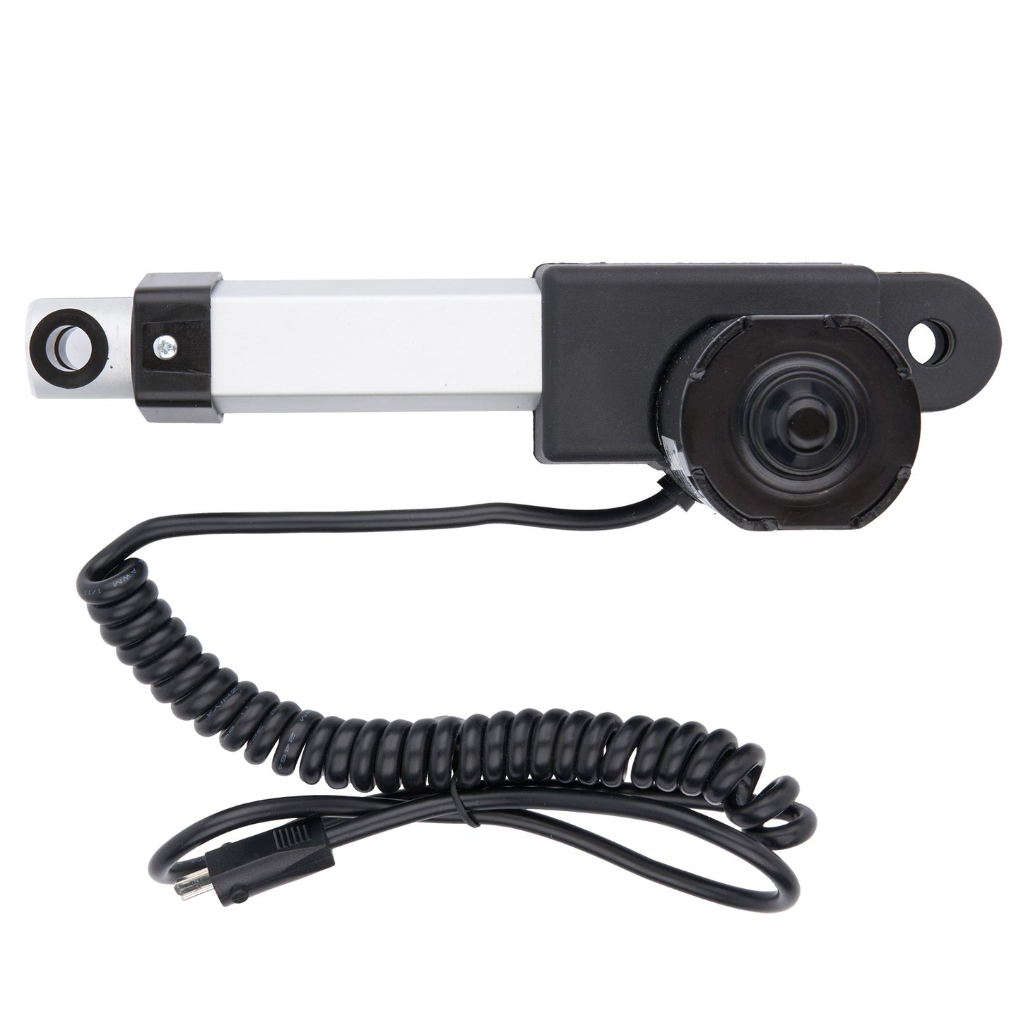 Mechanical arm with a coiled cable on a white background