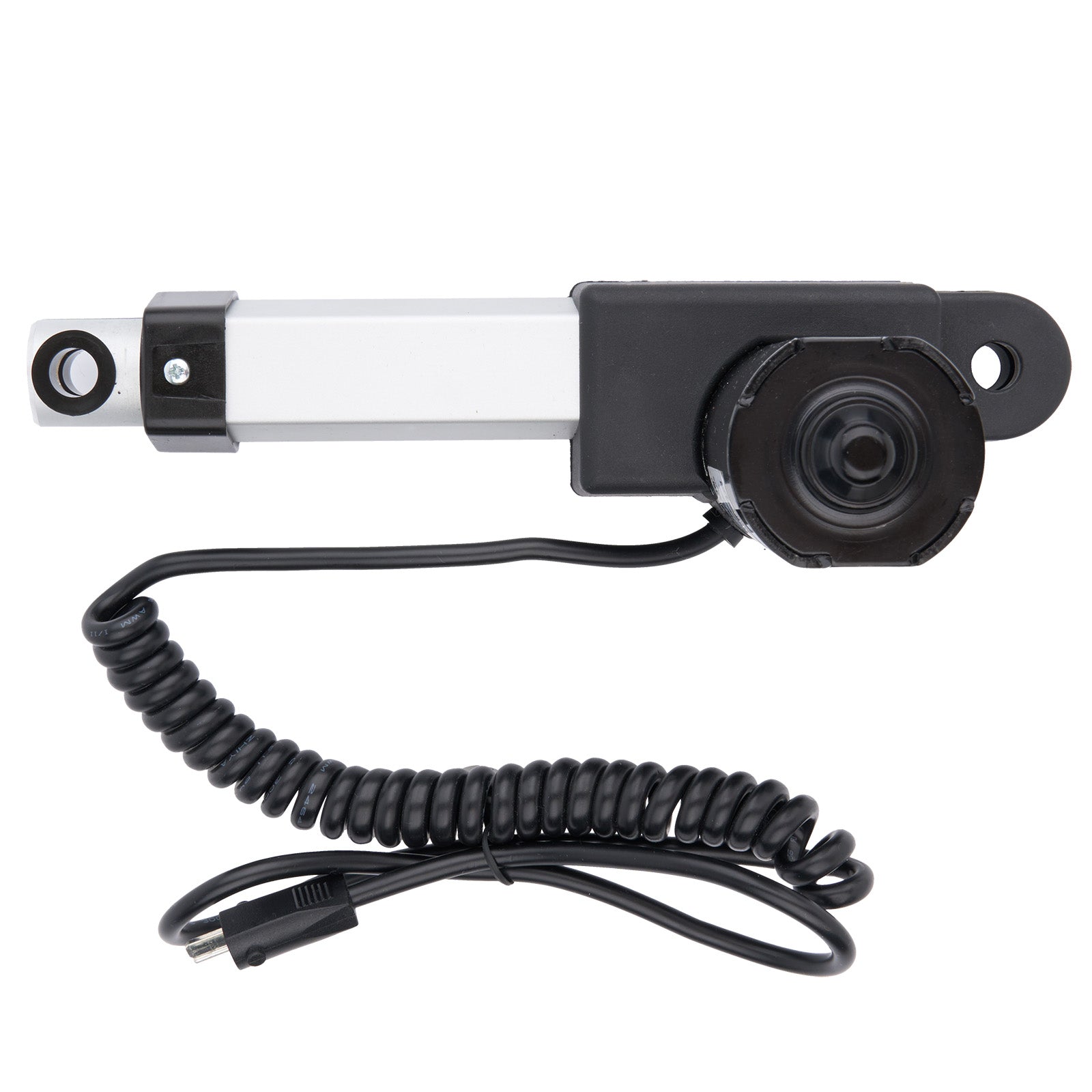 Mechanical arm with a coiled cable on a white background