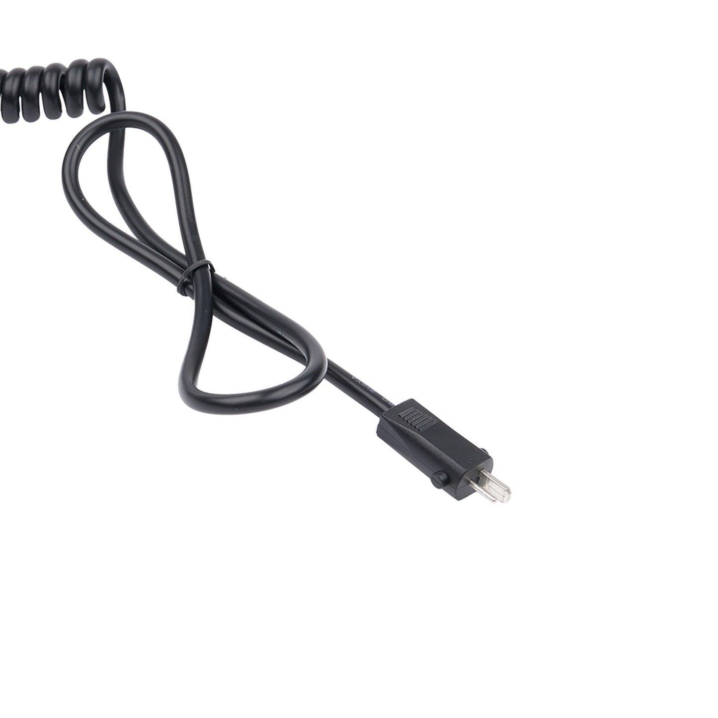 Black coiled cable with a USB connector on a white background