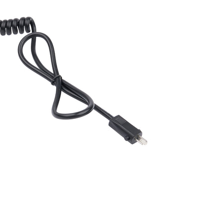 Black coiled cable with a USB connector on a white background