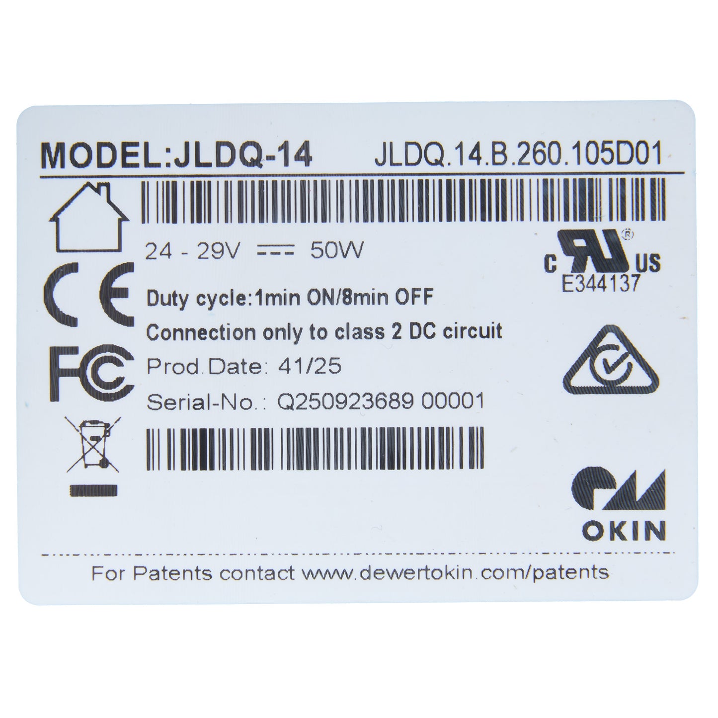 Technical label with product details on a white background