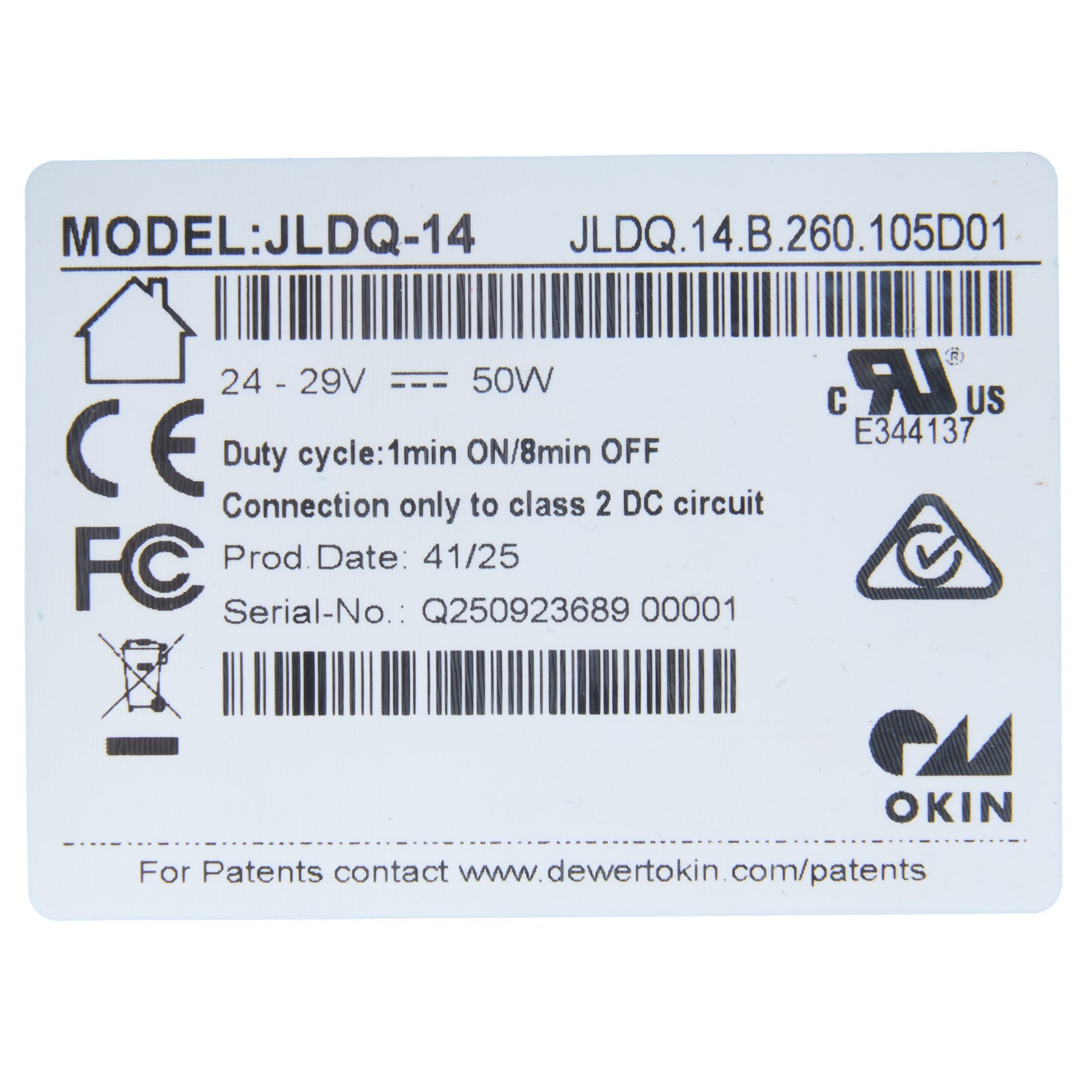 Technical label with product details on a white background