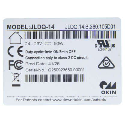 Technical label with product details on a white background