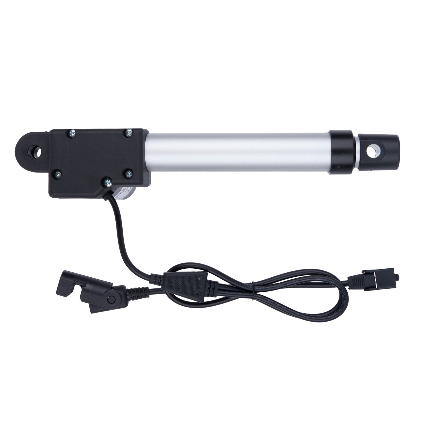 Linear actuator with black housing and cable on a white background