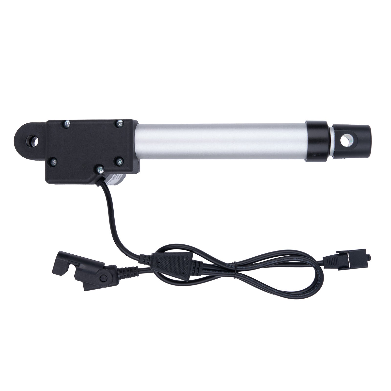 Linear actuator with black housing and cable on a white background