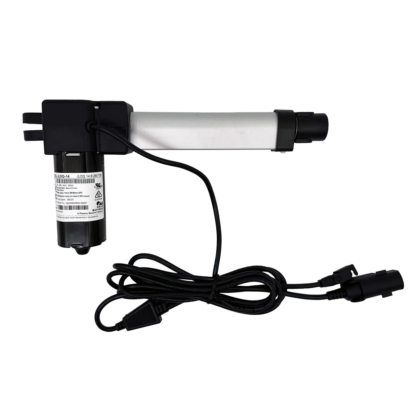 OKIN JLDQ.14.B.260.105 Linear Actuator for Recliner/Lift Chair, black and silver in color, with two cables and plugs.