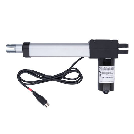 Linear actuator with cable and connector on a white background