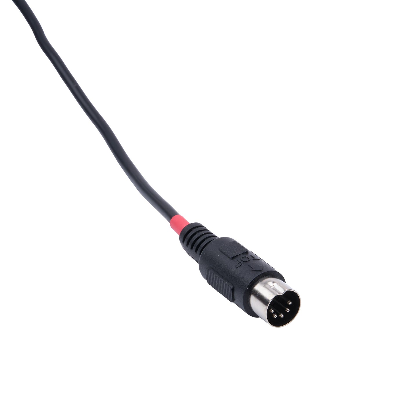 Black audio cable with a 4-pin connector on a white background
