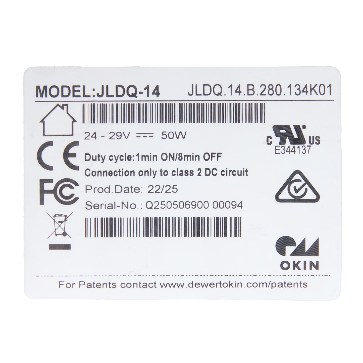 Technical label with specifications and branding on a white background