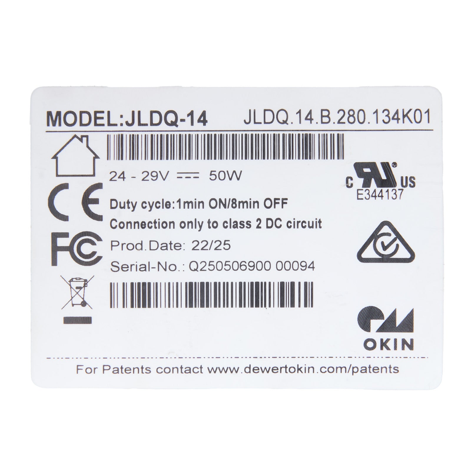 Technical label with specifications and branding on a white background