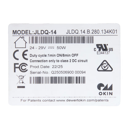 Technical label with specifications and branding on a white background