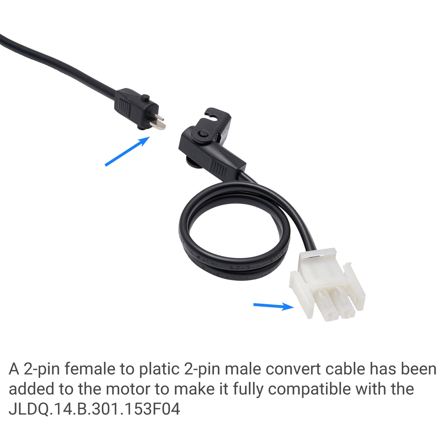 2-pin female to plastic 2-pin male convert cable on a white background